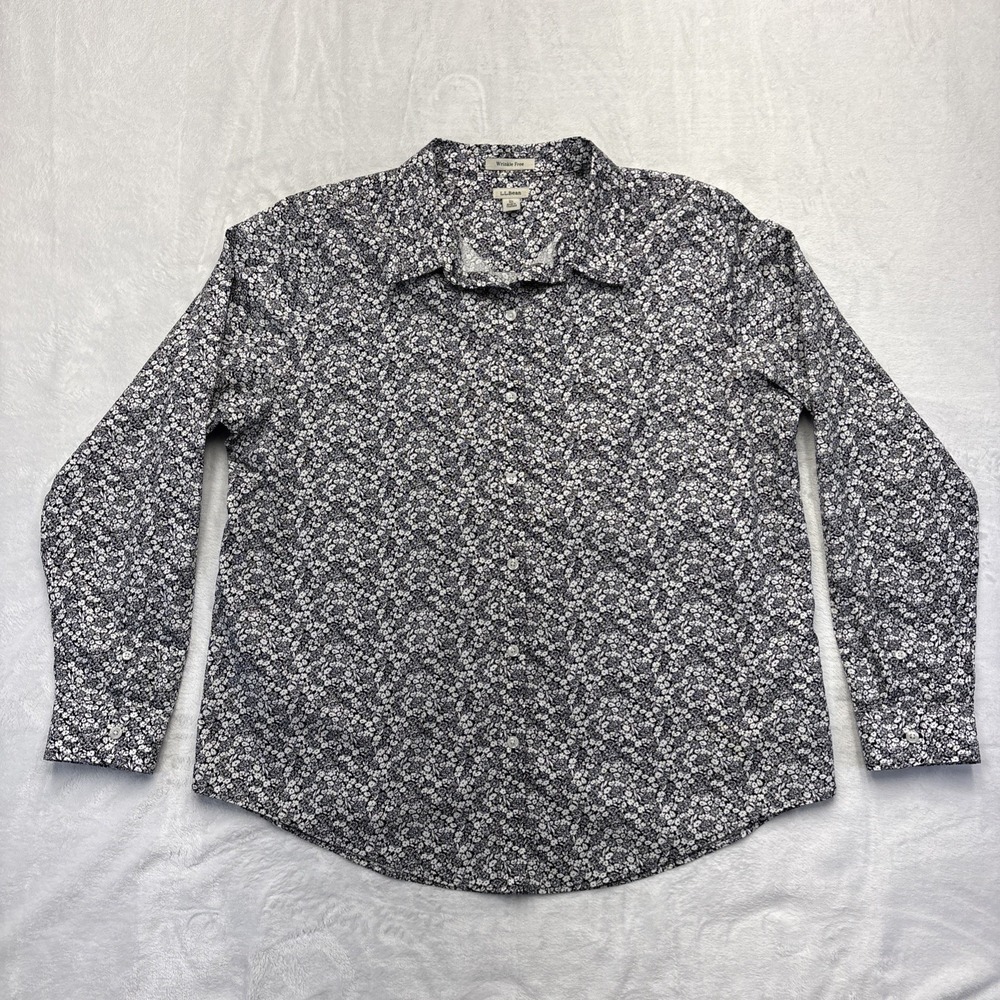 L.L.Bean Wrinkle Free Shirt Womens XL Black White Ditsy Floral Button Up Cotton
